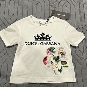 Dolce & Gabbana BNWT Girls Size 2 White T-shirt Rose Studs Princess Crown